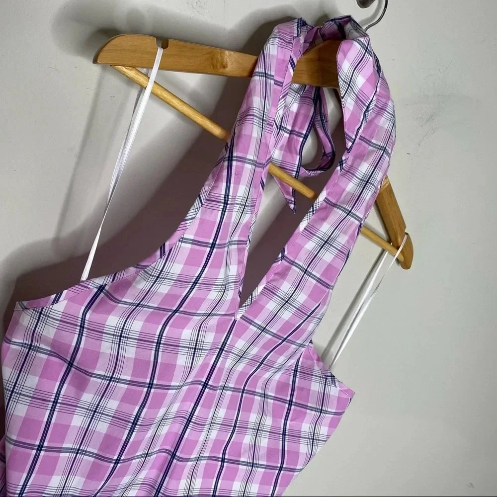 ✨NWT J. Crew Pink Violet Pastel Plaid Tie Neck Halter Top Size Small